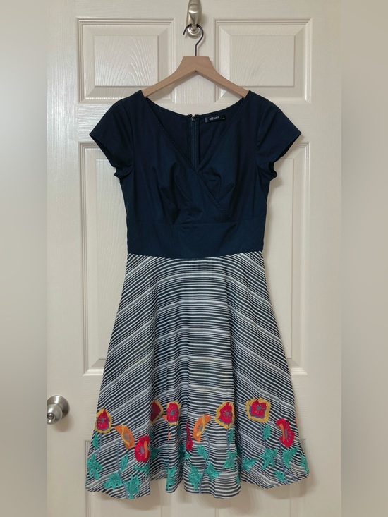 eshakti Dresses & Skirts - eShakti Black Striped Embroidered Floral Fit & Flare Dress Small Retro Chic
